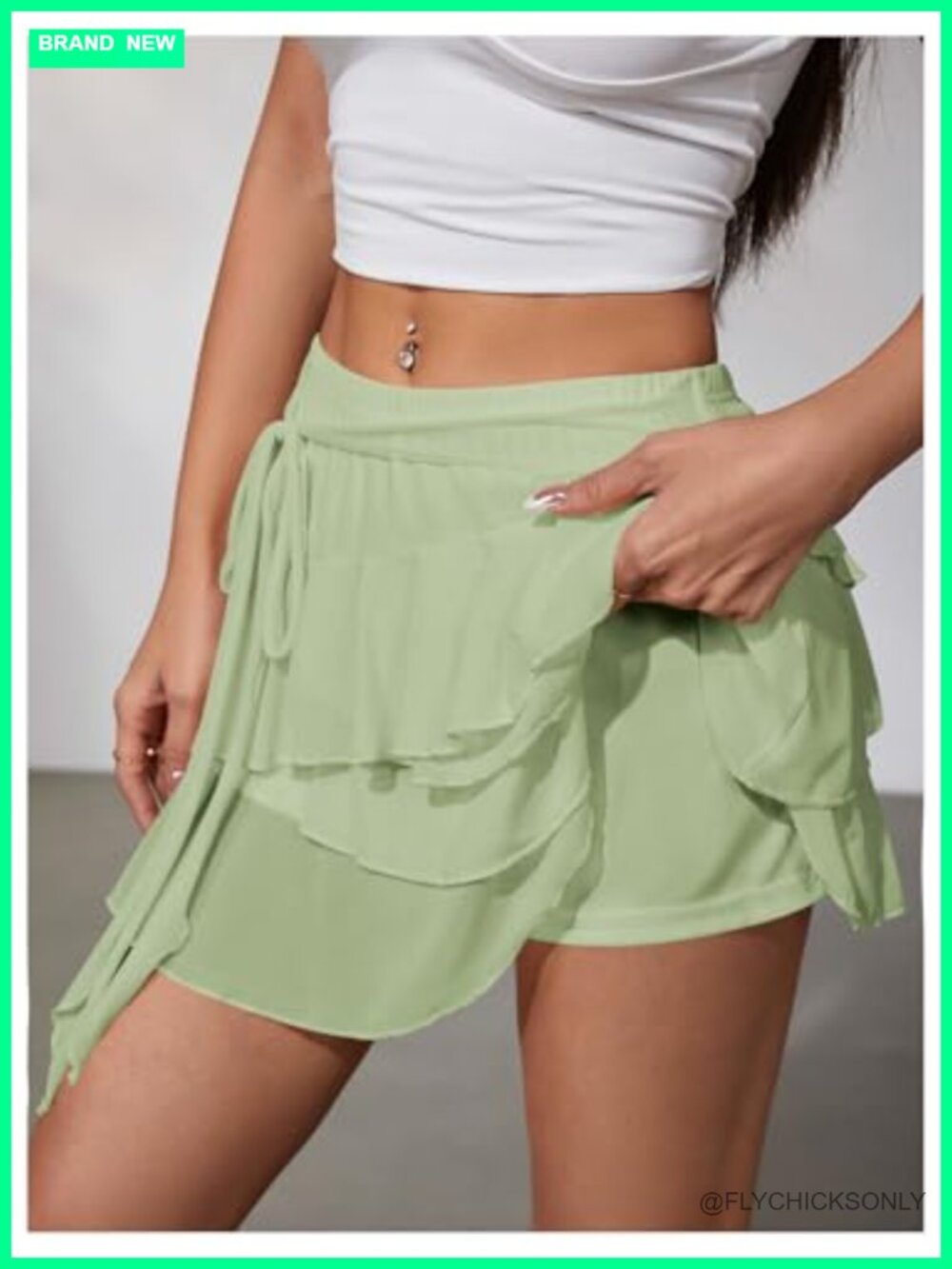 Mesh Ruffle Layered Mini Skirt Low Rise Tie Side - Picture 3 of 4